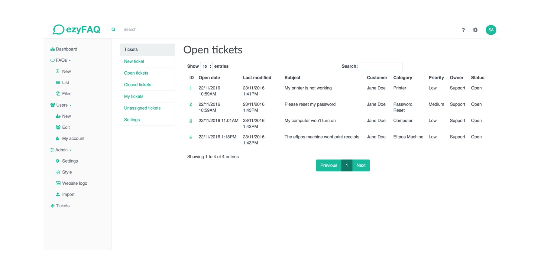 Manage support tickets